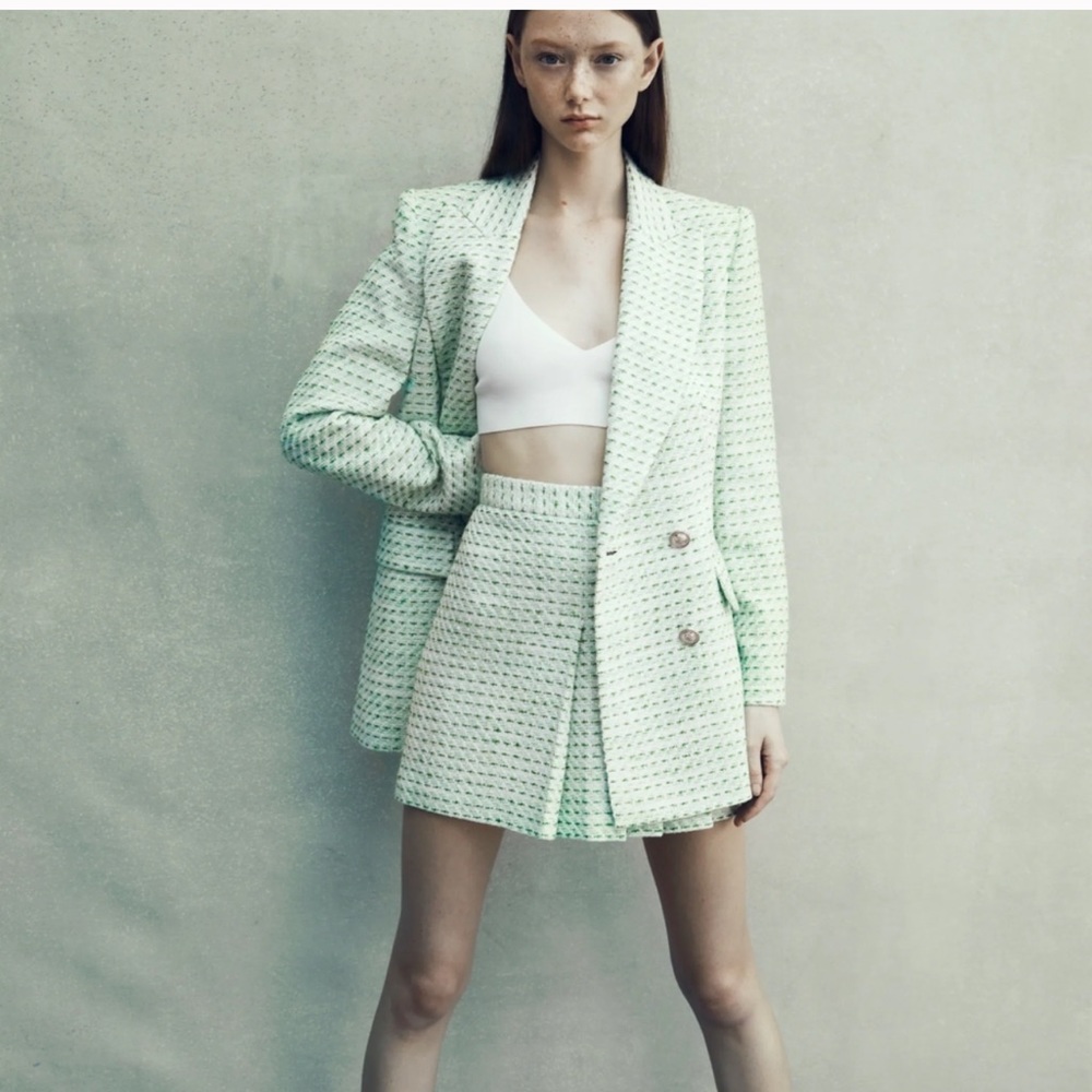ZARA 2 Piece Tweed Check Blazer+ Skirt - Picture 7 of 12